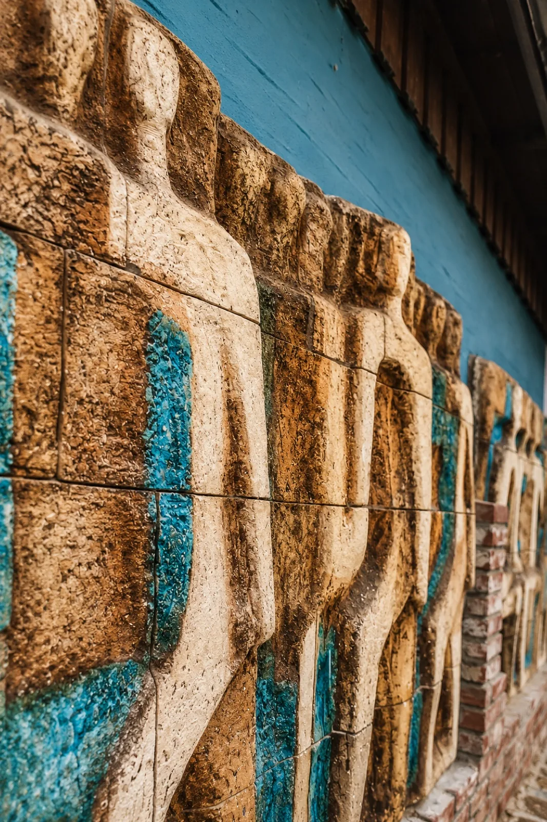Detail eines skulpturalen Fassadenreliefs mit hellen Steinfiguren und türkisfarbenen Einsätzen